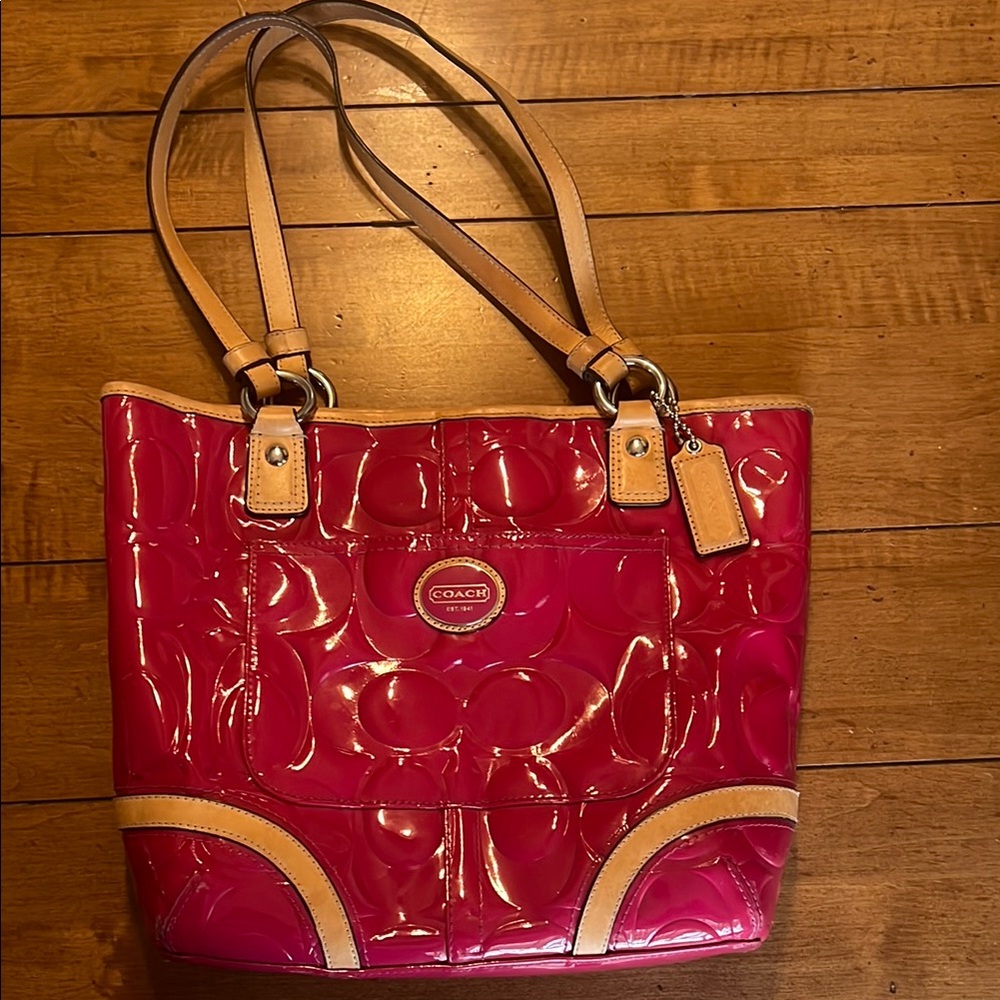 Coach Hot Pink and Tan Patent Leather Tote